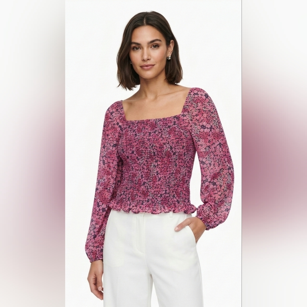 Vince Camuto Women's Pink Floral Smocked Square-Neck Top Size L